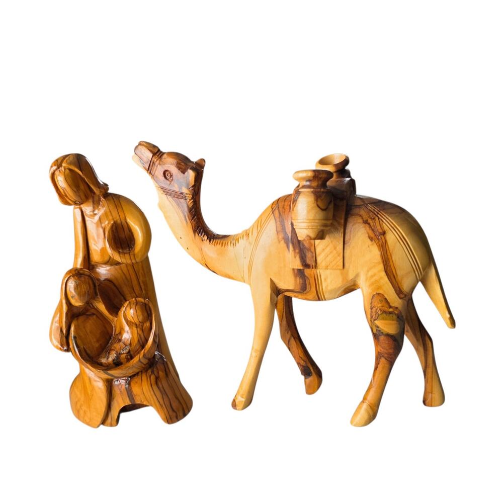 Vintage Hand-Carved Olive Wood Camel & Rider Figurines Set 8” Folk Art Decor